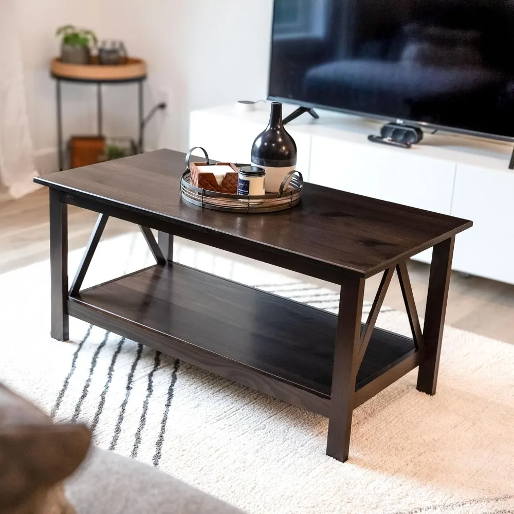 Dark Wood Coffee Table with Storage Shelf - Indoor Solid Pine Wood Center Table for Living Room - Dark Brown - 43.5 W