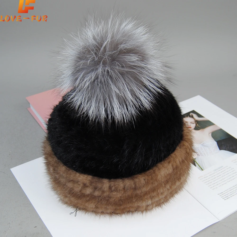 2024 Lady Good Elasticity Real Mink Fur Hats Russia Winter Fur Hat Women Knitted Warm Real Mink Fur Hat Top Fox Fur Pompoms Caps