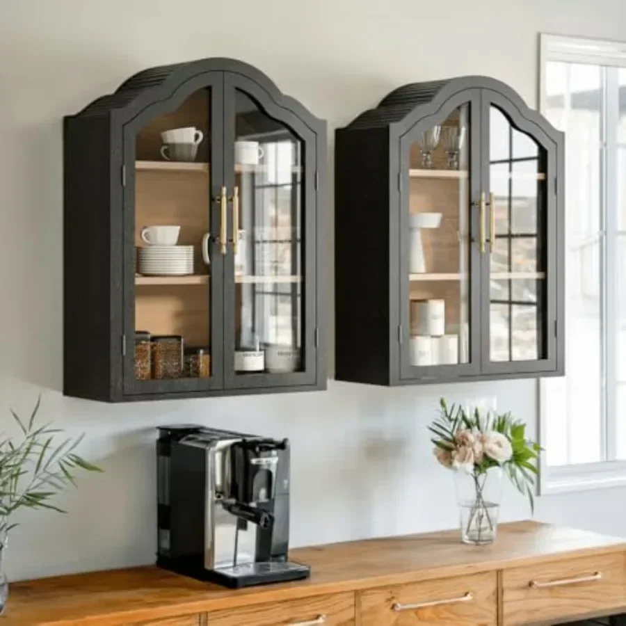 Bathroom and Kitchen Wall Cabinet with Wave Design Arch, Tempered Glass Doors, Adjustable Shelf, Above-toilet or Bookshelf Use, - view 6