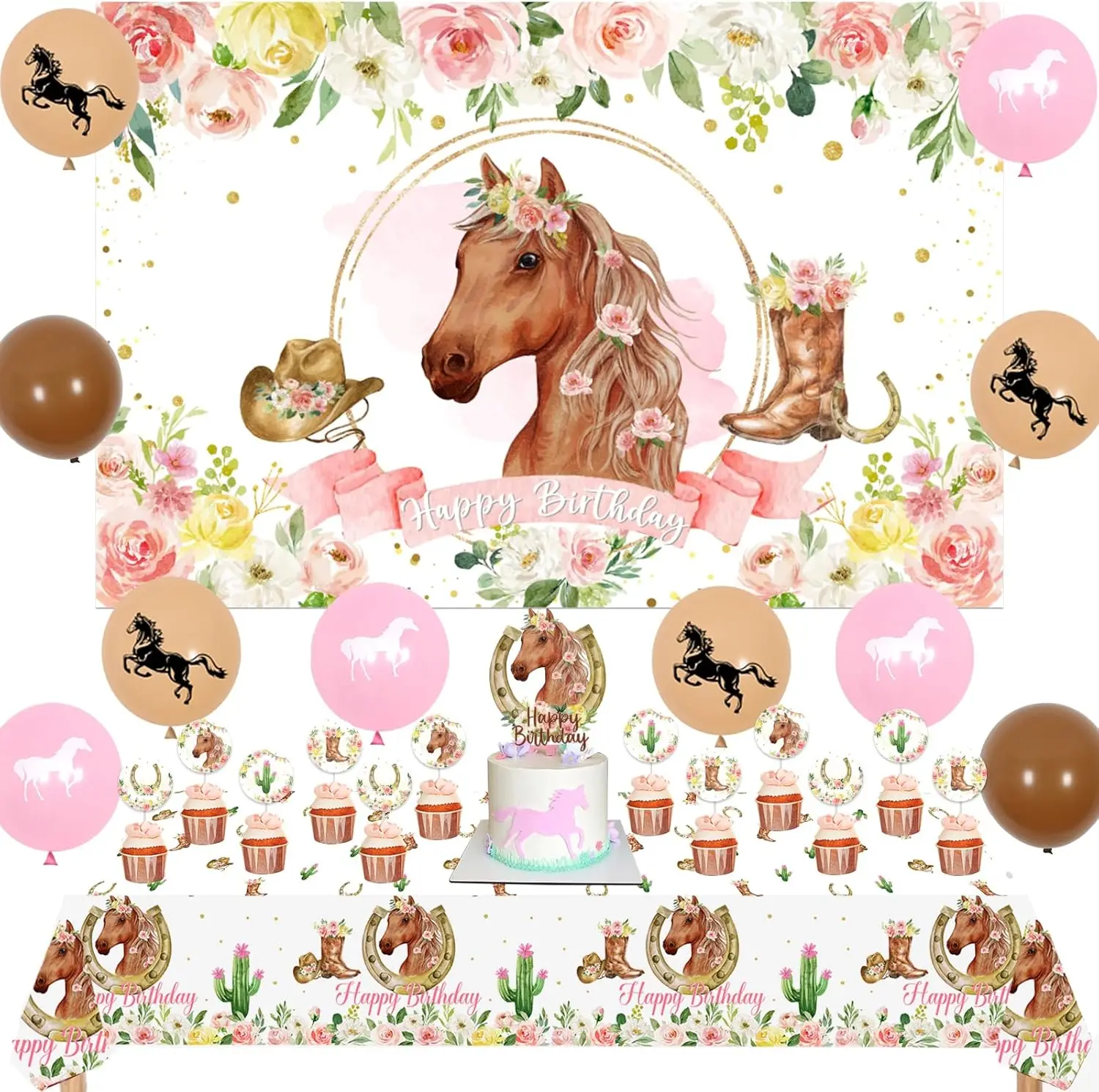 

Horse Birthday Party Decorations Girls Horse Backdrop Cupcake Toppers Tablecloth Balloons for Western Cowgirl Birthday Supplies