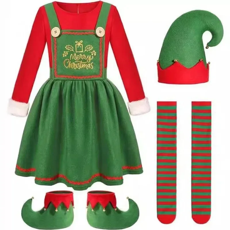 

Adult /Children Christmas Santa Claus Costume Boy Girls Green Elf Cosplay Dress Hat Socks Set Women New Year Xmas Party Outfits