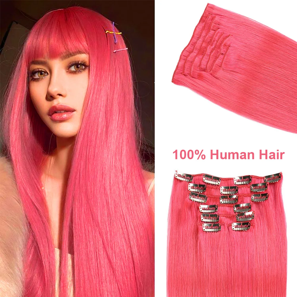 Grampo em extensões do cabelo, cabelo humano real, trama dupla, sem costura Clip Ins, cor-de-rosa, Cosplay