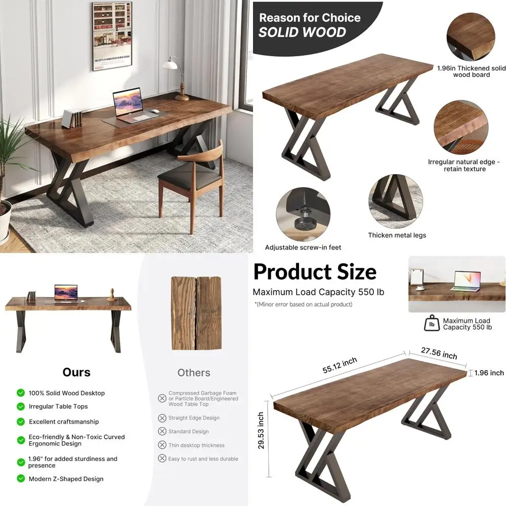 مكتب خشبي حديث ريفي، 55 مكتب كتابة كمبيوتر تنفيذي للمكتب المنزلي مع لمسات معدنية #1