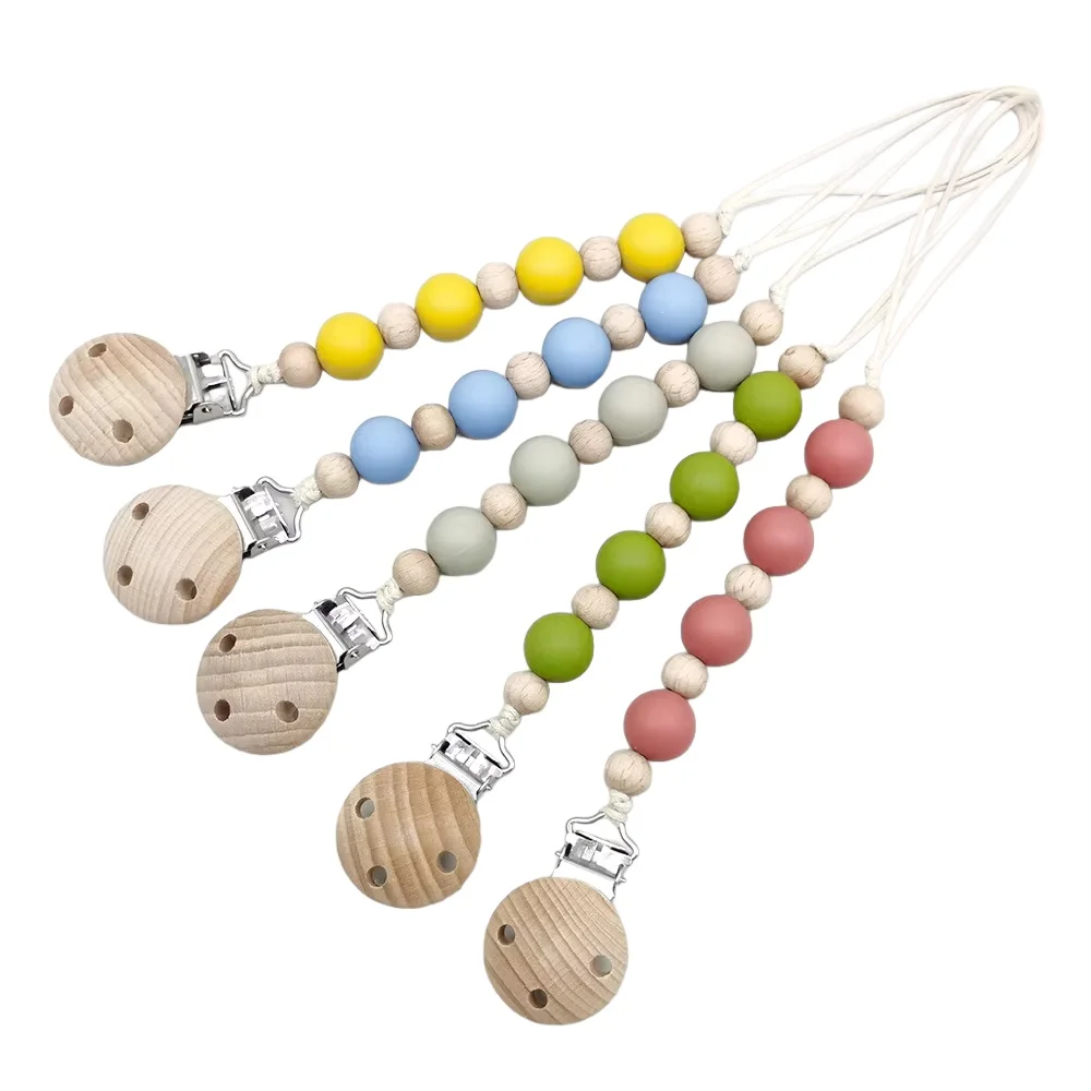 

Baby Beech Pacifier Clip Round Candy Color Silicone Teething Beads Food Grade Dummy Holder Anti-drop Soothe Chain