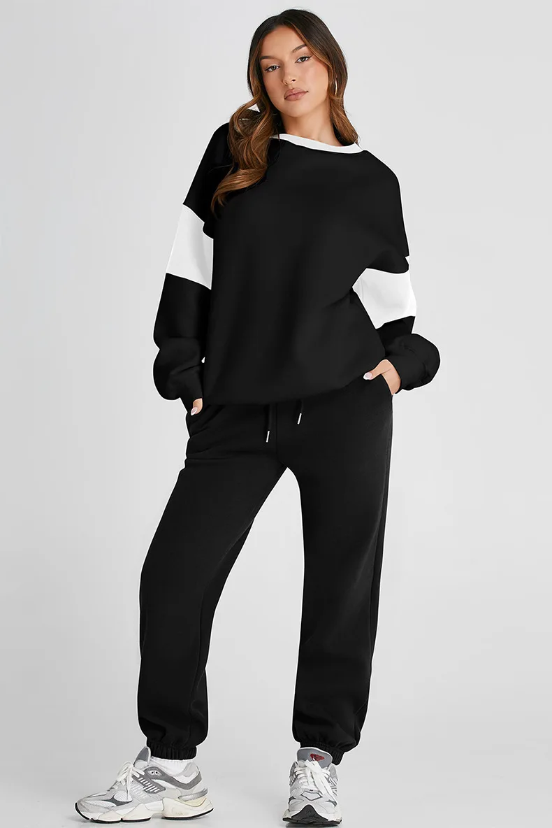 

Женский спортивный костюм из 2 предметов с цветными блоками, пуловер большого размера, толстовка + брюки для бега на шнурке, мягкая повседневная спортивная одежда, комплект из 2 предметов