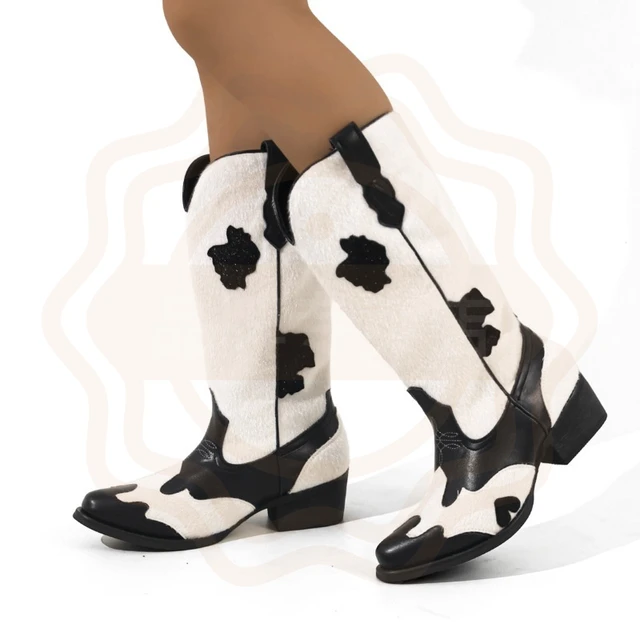 Nueva Llegada, Zapatos de Mujer, Botas Vaqueras Retro con Estampado de Vaca, Botas Altas hasta la Rodilla a la Moda para Mujer, Zapatos de Diseñador, Botas de Mujer