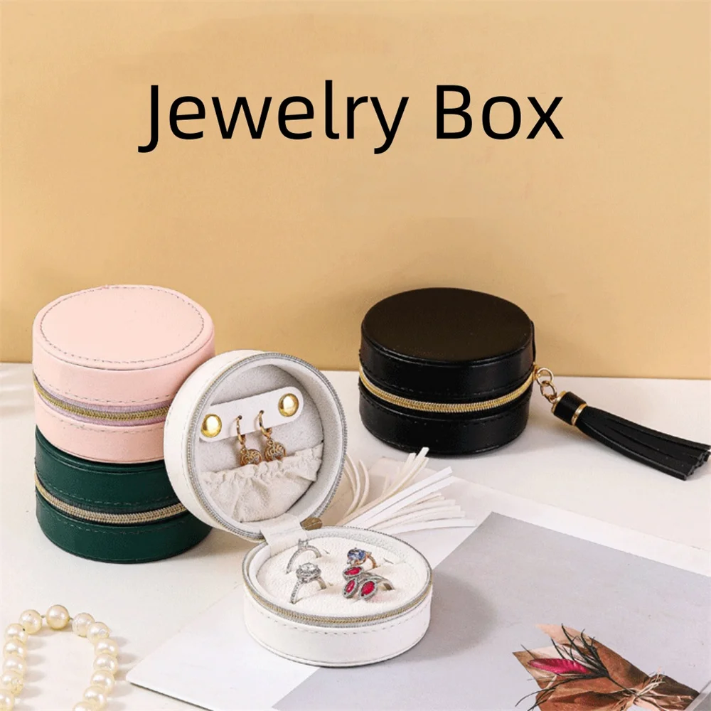 New Mini Round PU Jewelry Box Necklace Earrings Ring Storage Boxes Tassel Zipper Portable Jewelry Organizer Gift Packaging Case