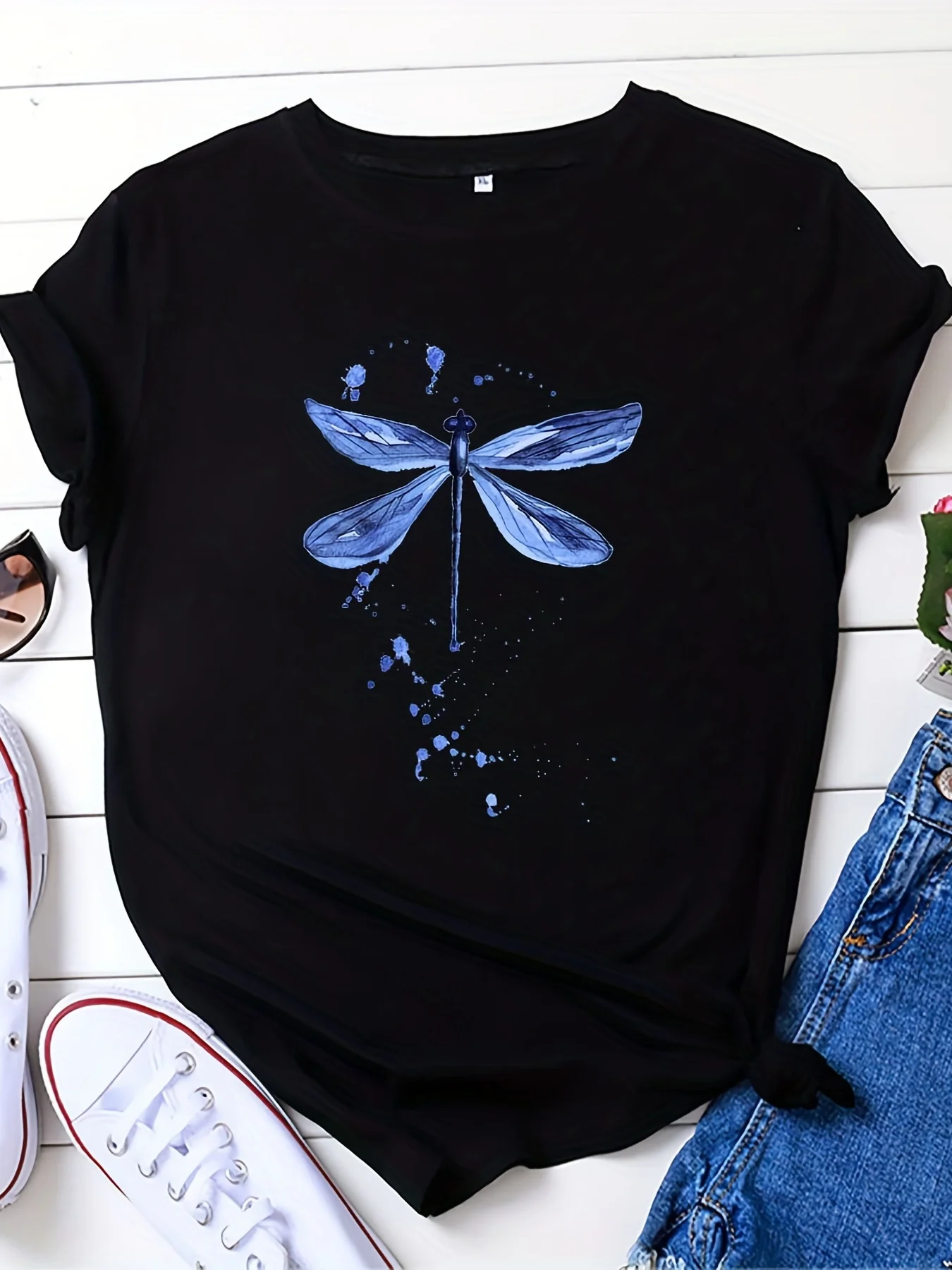 Plus Size Casual T-shirt Women's Plus Dragonfly Print Short Sleeve Round Neck Medium Stretch T-shirt