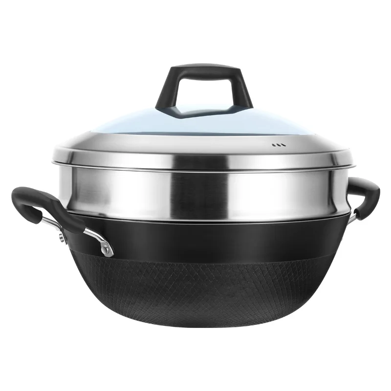 Flat Bottom Frying Pan Stainless Woks with Glass Cover Bakelite Handle Steamer Uncoated Non Stick Stew Pot Wok Cast Iron Pot