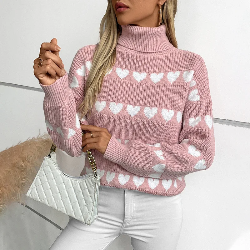 Flip Collar Sweater with Heart-Shaped Pattern Autumn and Winter Casual Long Sleeved Knitted Sweater Women's High Neck Sweater