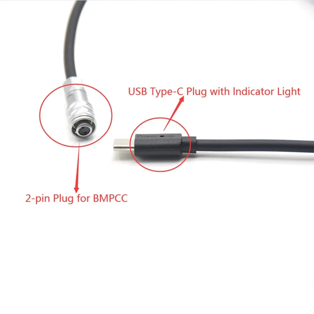 With Lndicator Light USB Type C Spring Power to 2 Pin Plug for BMPCC Blackmagic Pocket Cinema Camera 4K 6K Photography PD Cable