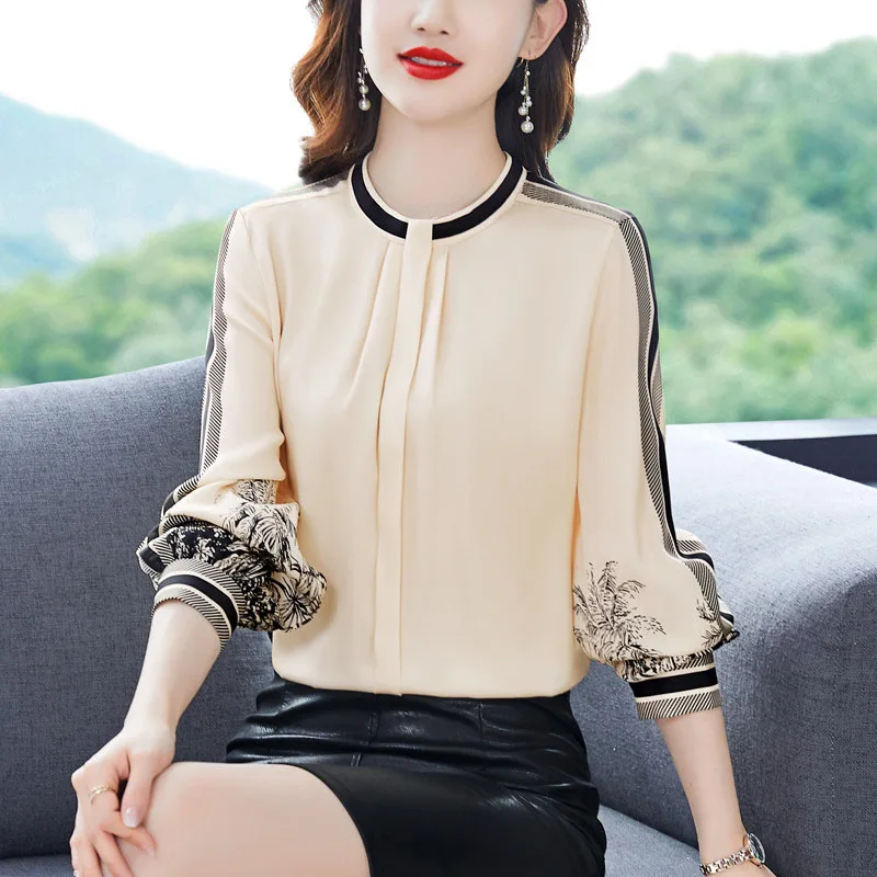 Stylish Stand Collar Spliced Printed Folds Chiffon Blouse Women\'s Clothing 2023 Spring New Casual Pullovers Loose Commute Shirt