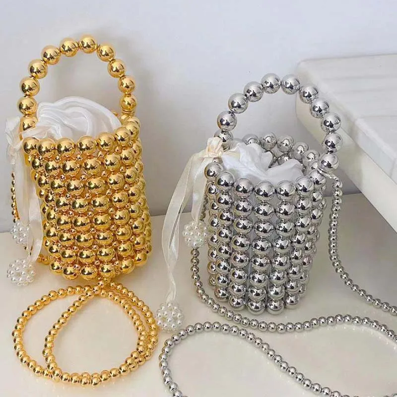 Metaillic Colored Acrylic Beaded Bucket Bag Fashion Silver Gold Women Evening Tote Bag Crossbody Shoulder Messenger Party Purse