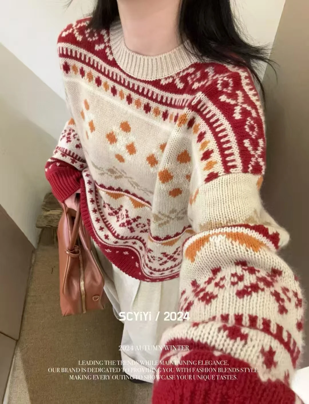 100% pure cashmere sweater Red European high-end super good-looking lazy loose thick Fair Isle cashmere sweater