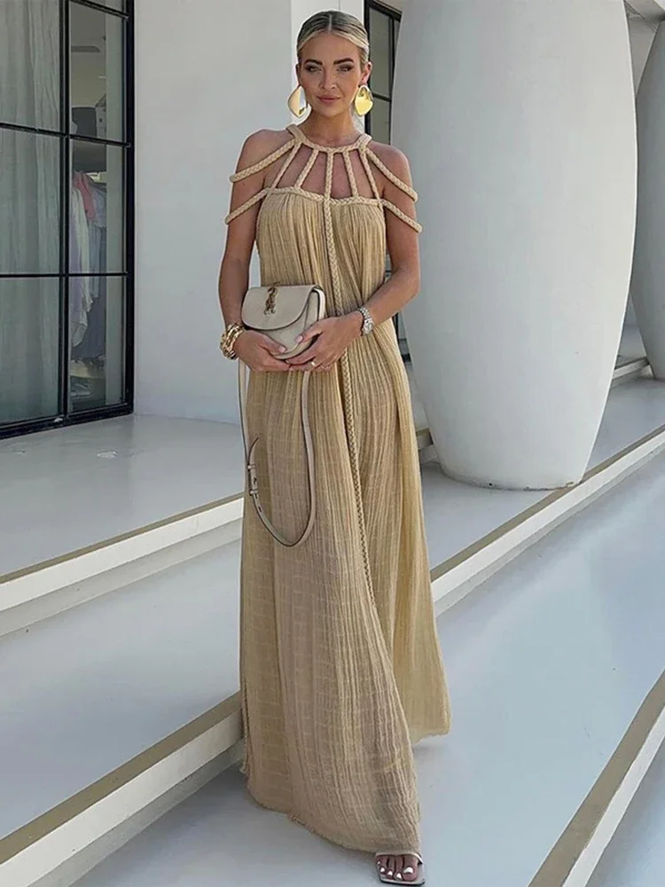 

Elegant Lady Style Cut Out Backless Maxi Dress 2024 Sexy Women Knit Hanging Neck Rope Summer Beachwear Swimsuit Cover Up A2814