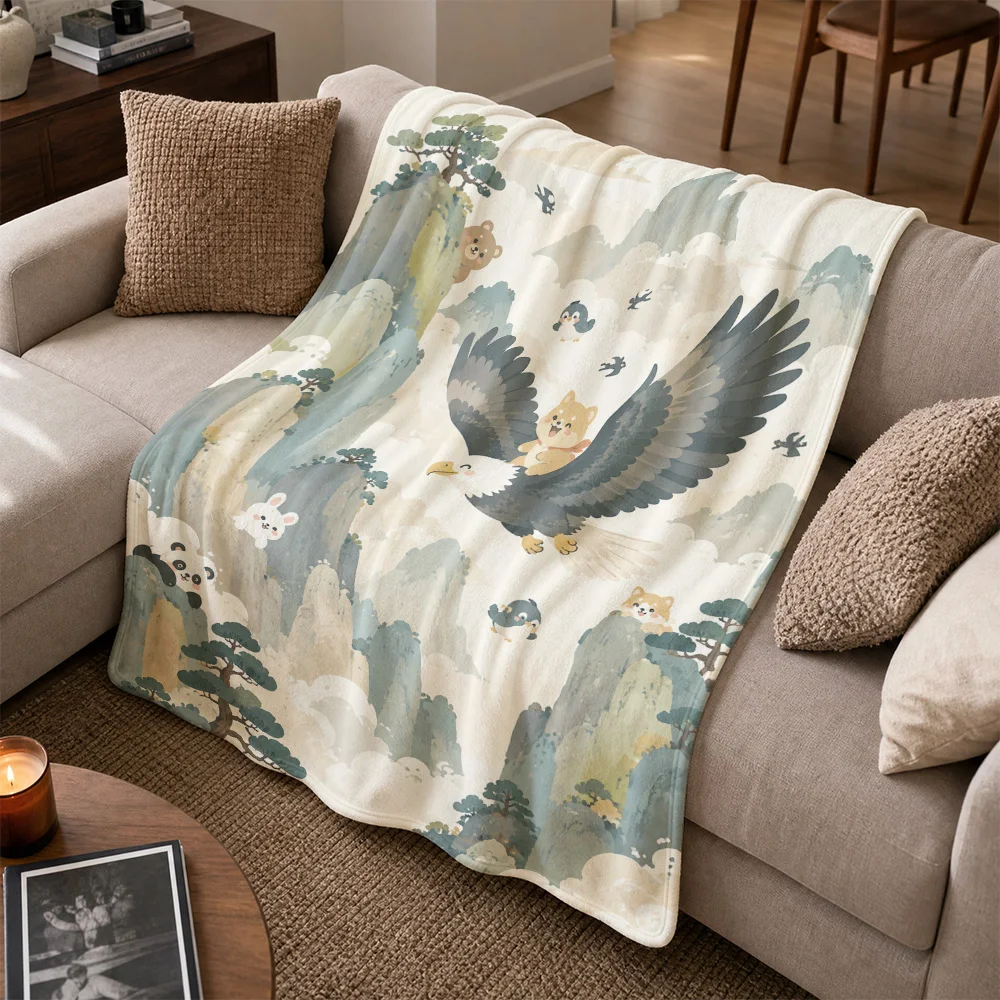 Premium Aesthetic Mountain Landscape Bear Print Throw Blanket Sofa Cover Cozy Winter Home Decor Gift for Living Room
