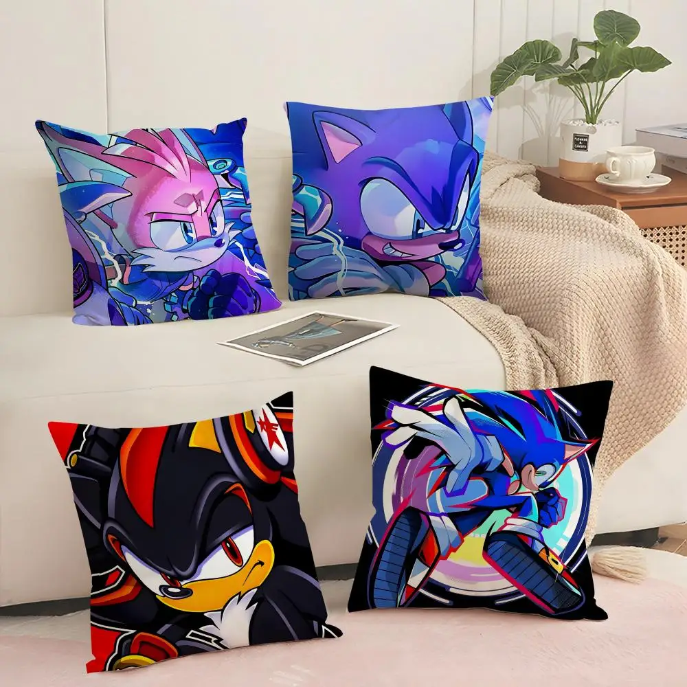 Classic Game S-Sonic Cushion Cover Silky Short Plush Invisible Zipper Dustproof Sofa Pillow Case for Home Decor