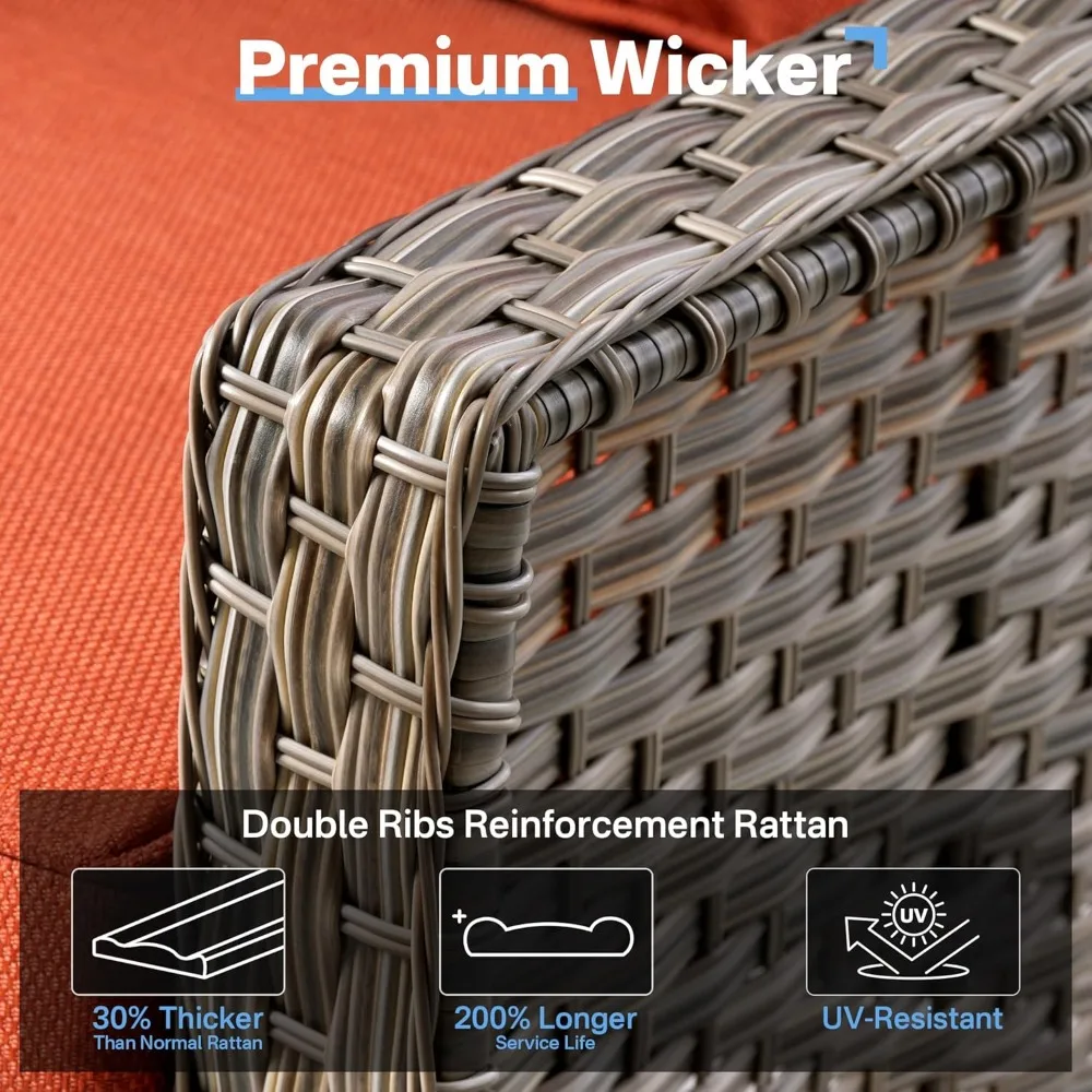 Outdoor 6 Pieces Coversation Set with Glowing Coffee Table, Patio Furniture High Back Couch with Ottoman, Rattan Wicker 3-Seater