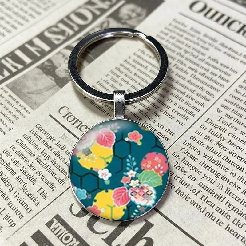Traditional Ukiyo-e Style Floral Textile Glossy Dome Cabochon Key Holder Japanese Culture Lover Gift