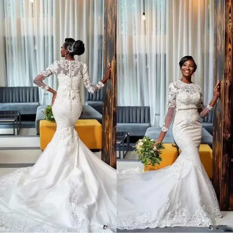 Customized African Plus Size Mermaid Dresses Long Sleeves Lace Appliqued Crystal Beaded Sweep Train Wedding Gowns Vestido De Nov