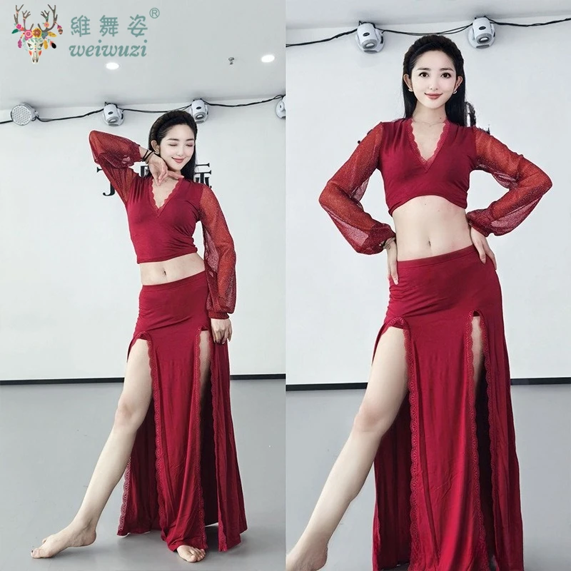 Costumi di danza del ventre per donna Top sexy con scollo a V in rete + gonna lunga in pizzo sexy 2 pezzi Tuta da allenamento professionale per danza orientale per adulti