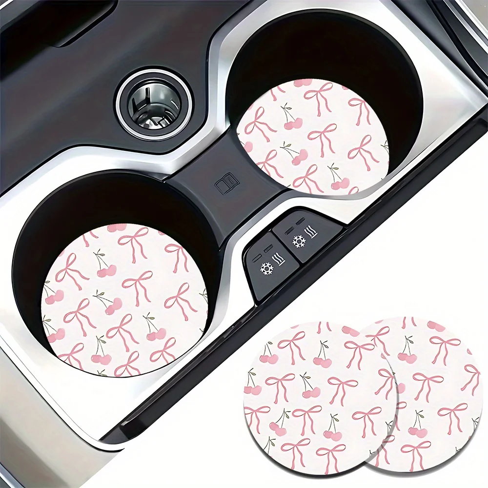 Set Of 2 Cherry Bow Coasters Featuring A Design For Cup Holders, Absorbent And Non-Slip Vehicle Coasters