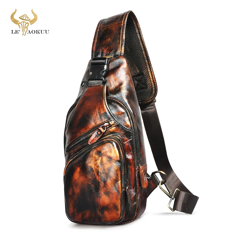 

Hot Sale Soft Crazy horse Leather Fashion Crossbody Chest Sling Bag Design Travel One Shoulder Bag Daypack For Male Men 8015