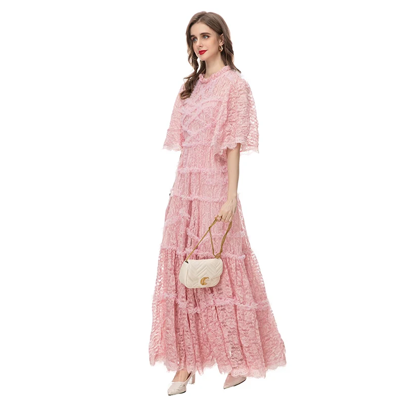 

Runway New Light Luxury Princess Embroidered and Weaved Stripes Lotus Leaf Lace Spliced Large Swing Long Dress 240218MZ02