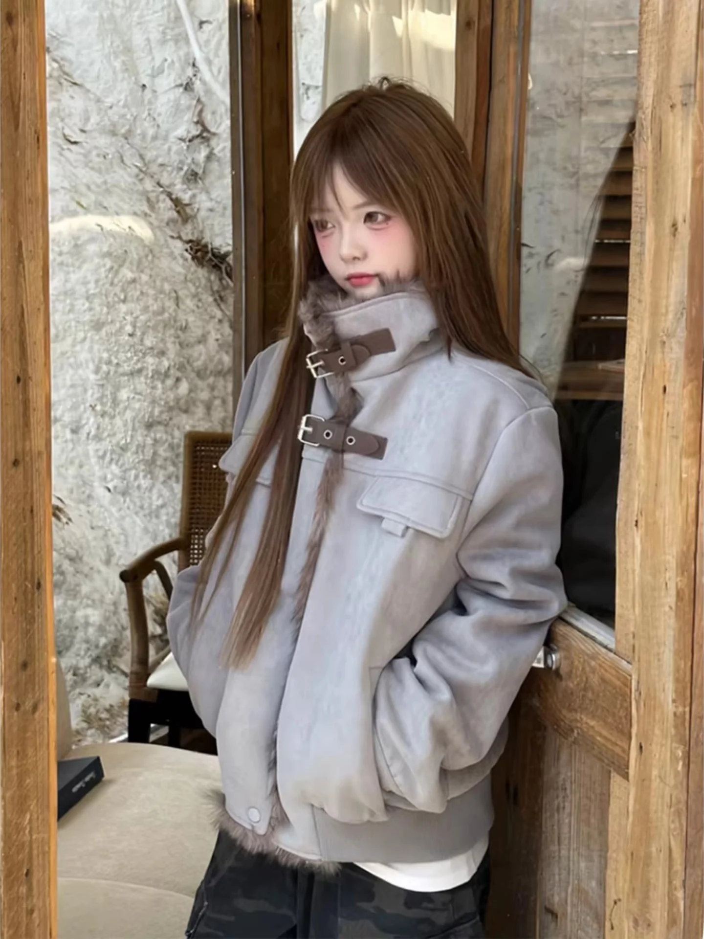 

Зимняя куртка унисекс из овчины с флисовой подкладкой, утепленная, с воротником-стойкой, теплая верхняя одежда, прямой крой, длинный рукав