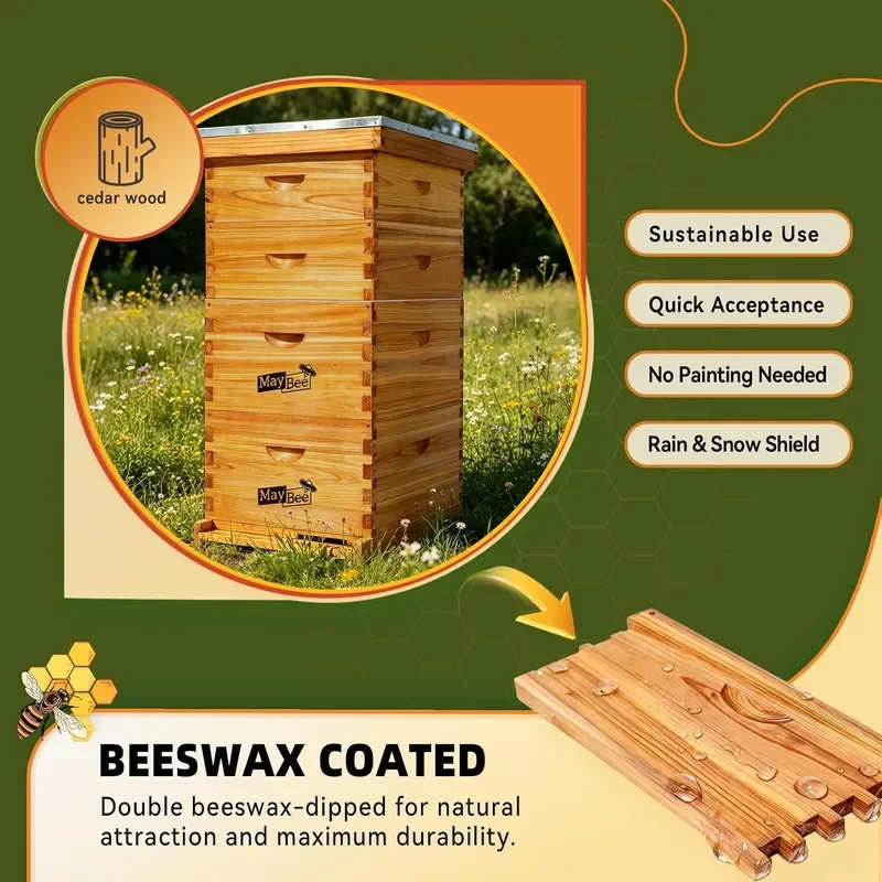 10-Frame Langstroth Beehive Dipped in 100% Beeswax Complete Bee Hives and Supplies Starter Kit Includes 2 Deep Hive Bee Box
