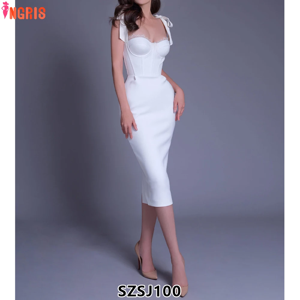 

2025 New Stylish Splicing Lace Fishbone Knitted Elegant Women's Long Party Bandage Dress-SZSJ100