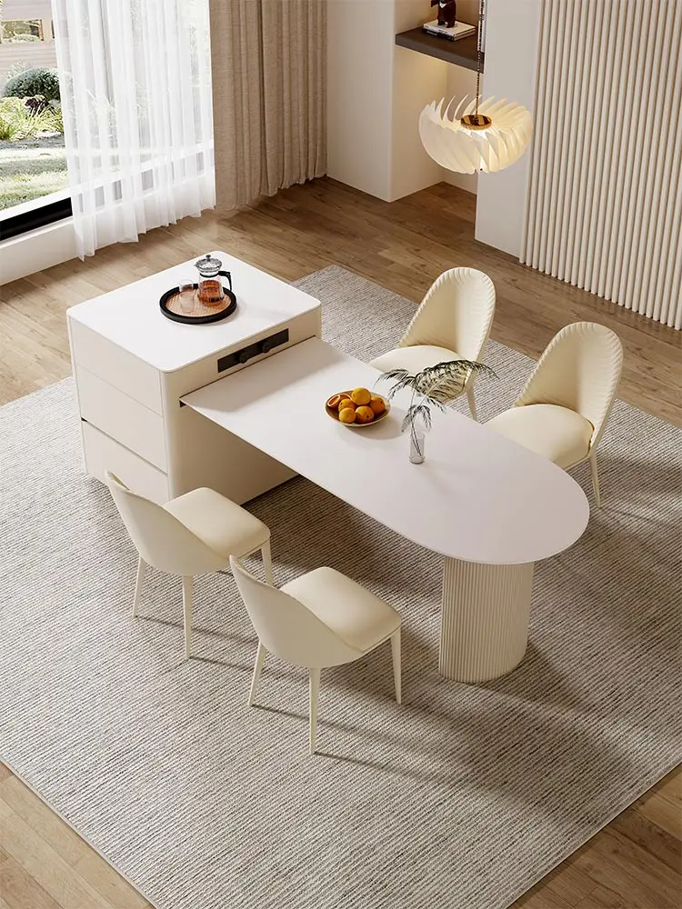 Cream wind island dining table, household expandable French semi-circular curved rock island table