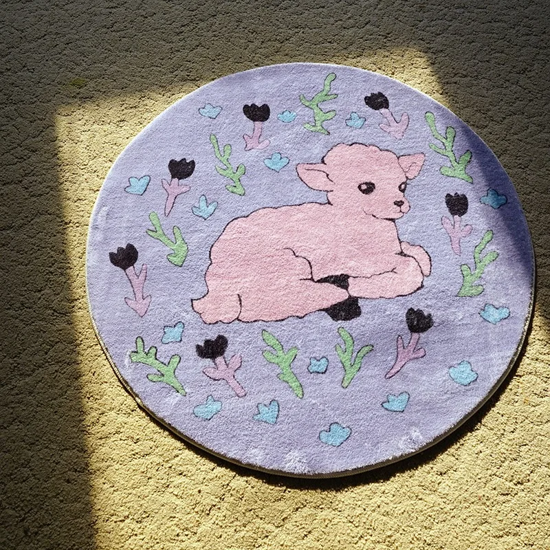 

Round Living Room Carpet Purple Little Sheep Pattern Bedside Bedroom Rug Fashionable Ins Style Plush Sofa Coffee Table Mat Tapis