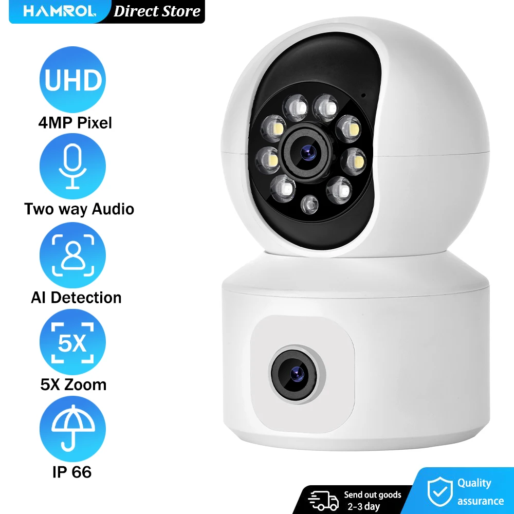 

HAMROL 4MP Dual Lens WiFi Camera Dual Screen Baby Monitor Motion Detection Two Way Audio Indoor secuiryt CCTV Video Surveillance