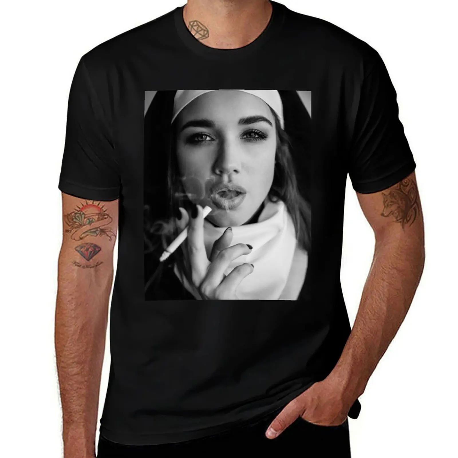 

Nun smoking. Portrait of a smoking young nun, T-Shirt cotton t shirt man t shirts for man graphic funny