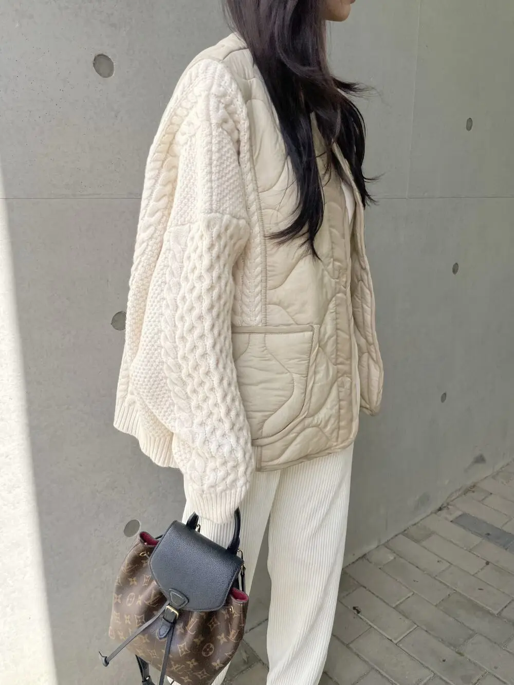 Fall/Winter Limited Edition Stylish and Versatile V-Neck Color-Contrast Patchwork Knit Single-Button Coat