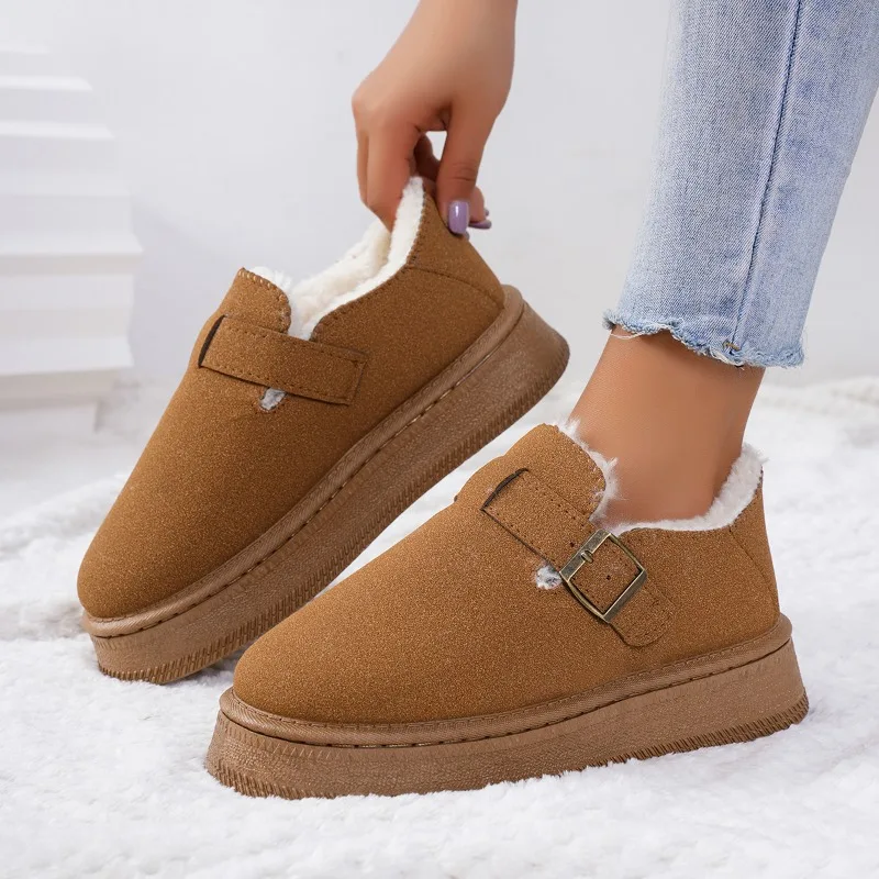 Mode Damenschuhe verstopft Plattform Slip-On Round Toe Winterkleid neue Slip on Flock Kuh Wildleder Gummi Knöchel Plateaus tiefel