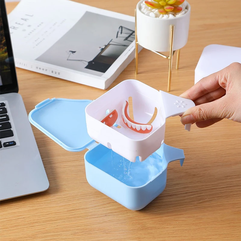 Denture Bath Box Organizer Dental False Teeth Storage Box With Hanging Net Container Cleaning Teeth Cases Artificial Tooth Boxes