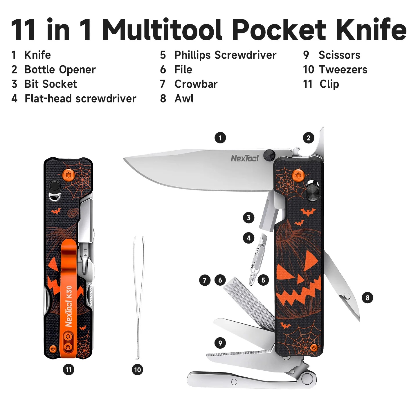 NexTool Knight K30 11 In 1 Multi Tool Halloween Pumpkin Edition EDC Pocket Knife Outdoor Camping Portable Hand Tool Gift For Him