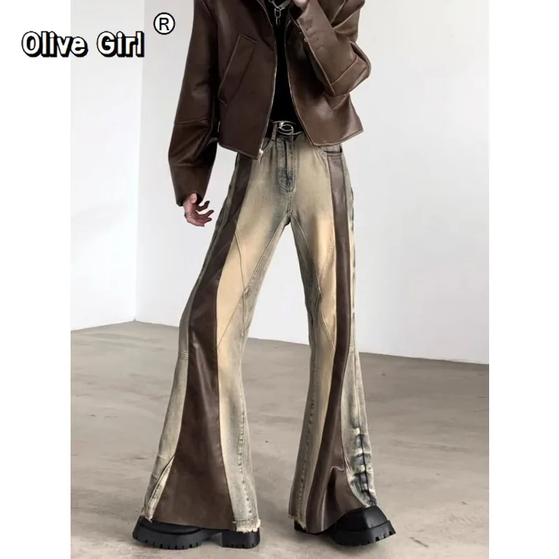 

Джинсы Olivegirl High Street Ink Splash Dirty Dye, потертые брюки Scimitar для женщин и мужчин, американские прямые свободные повседневные длинные брюки