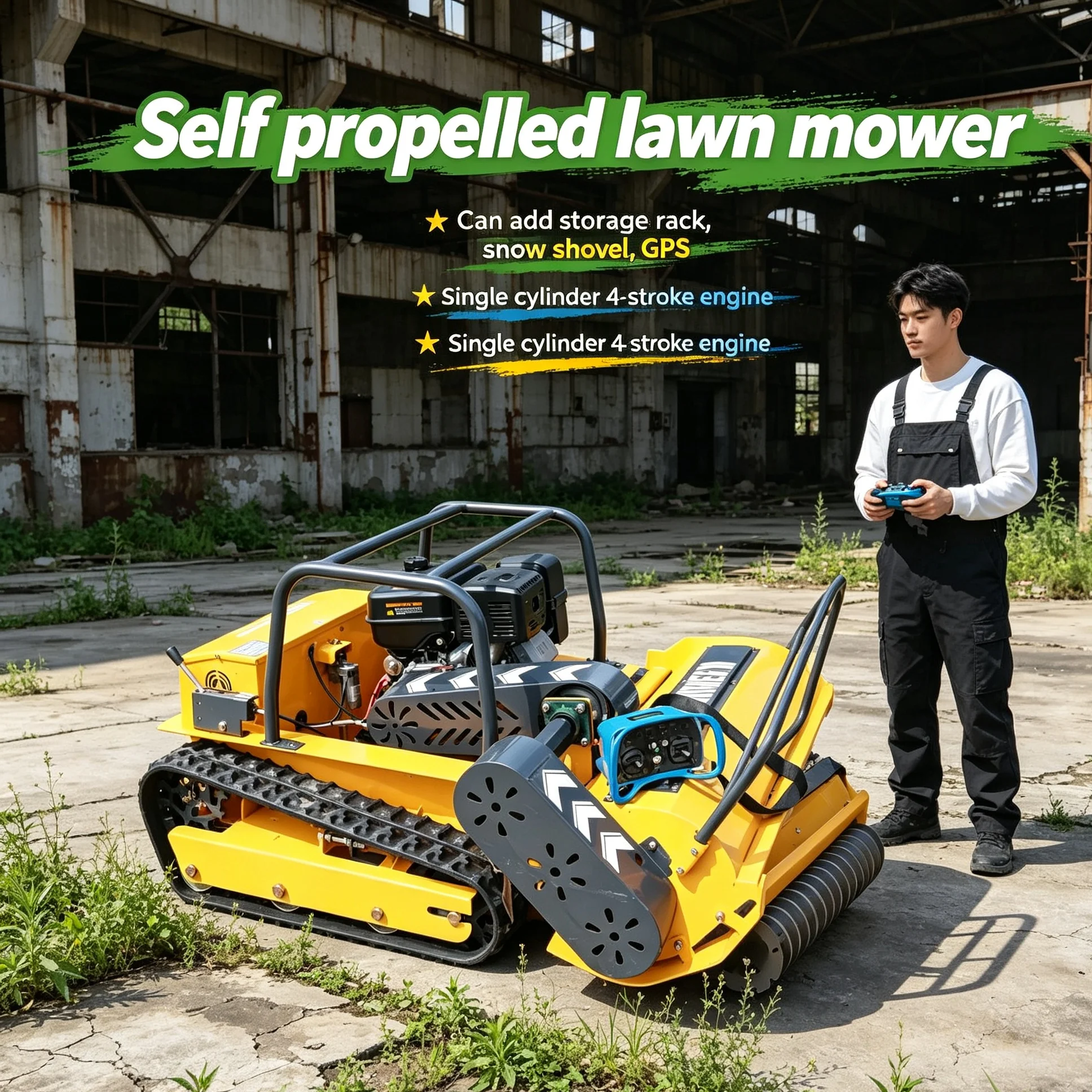 Customized Remote Crawler Mower Collocates Snow Shovel & Storage Rack, 4-stroke Engine Delivers Constant Torque for Heavy Mowing