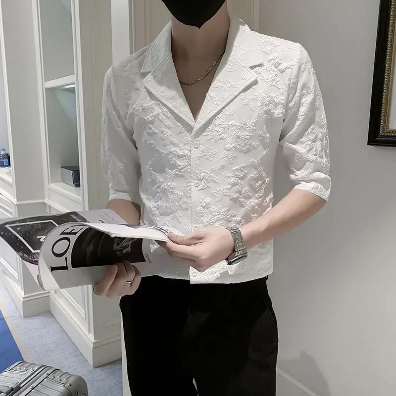 

Half Sleeve Plain Floral Print White Black Male Shirts Fashion Man 2025 Original Silk Korean Style Aesthetic Tops Men's Shirt