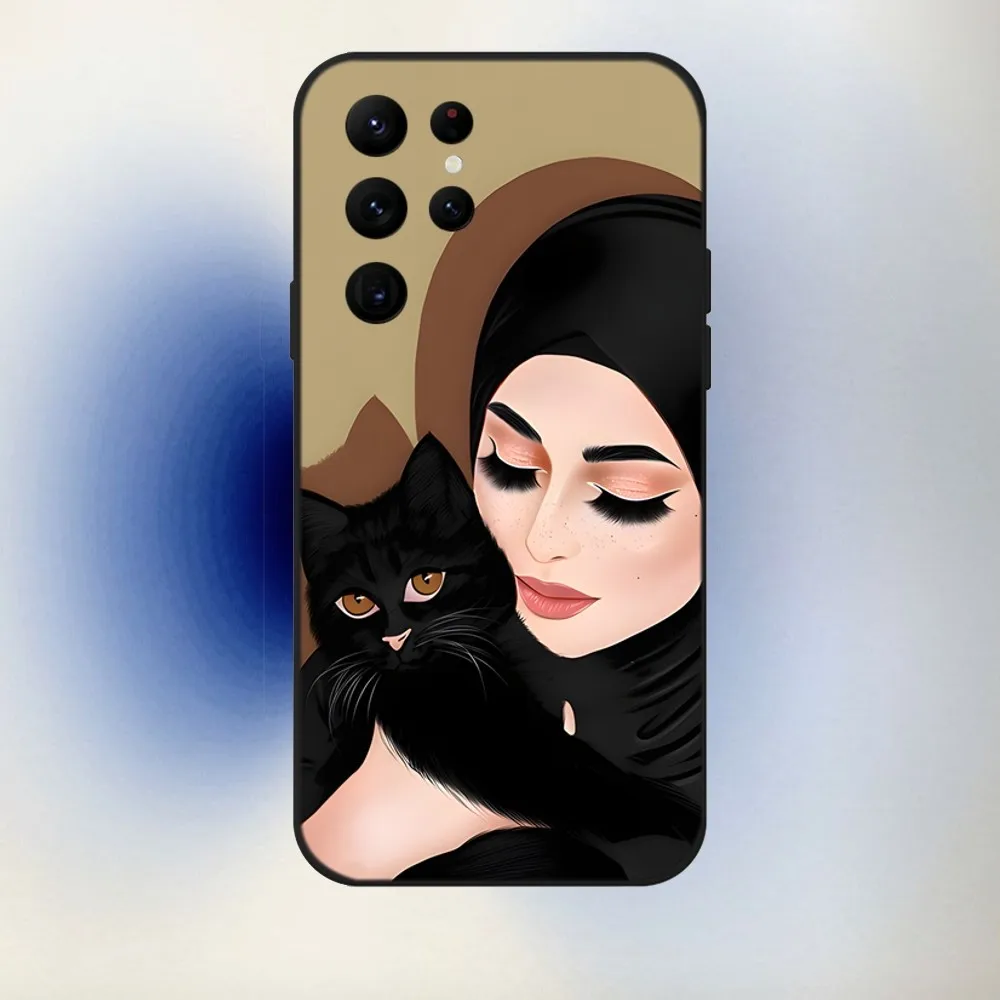 Muslim Arabic Hijab Girl Phone Case For Samsung S24,23,22,30,21,10,9,Ultra,Plus,Lite,FE,5G Black Soft Case