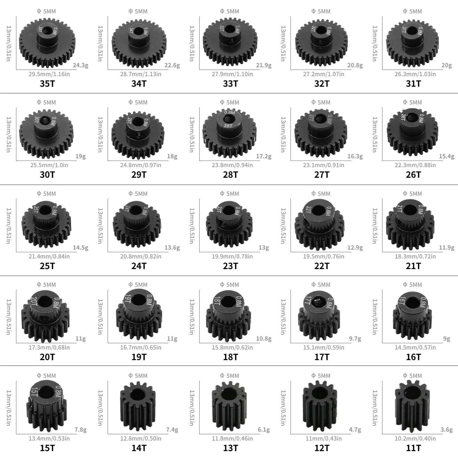 1pc Steel Metal Pinion 0.8 Module 32p 5mm Inner Diameter Motor Gear Motor Gear 13-21t Suitable For 1/10 Diagonal