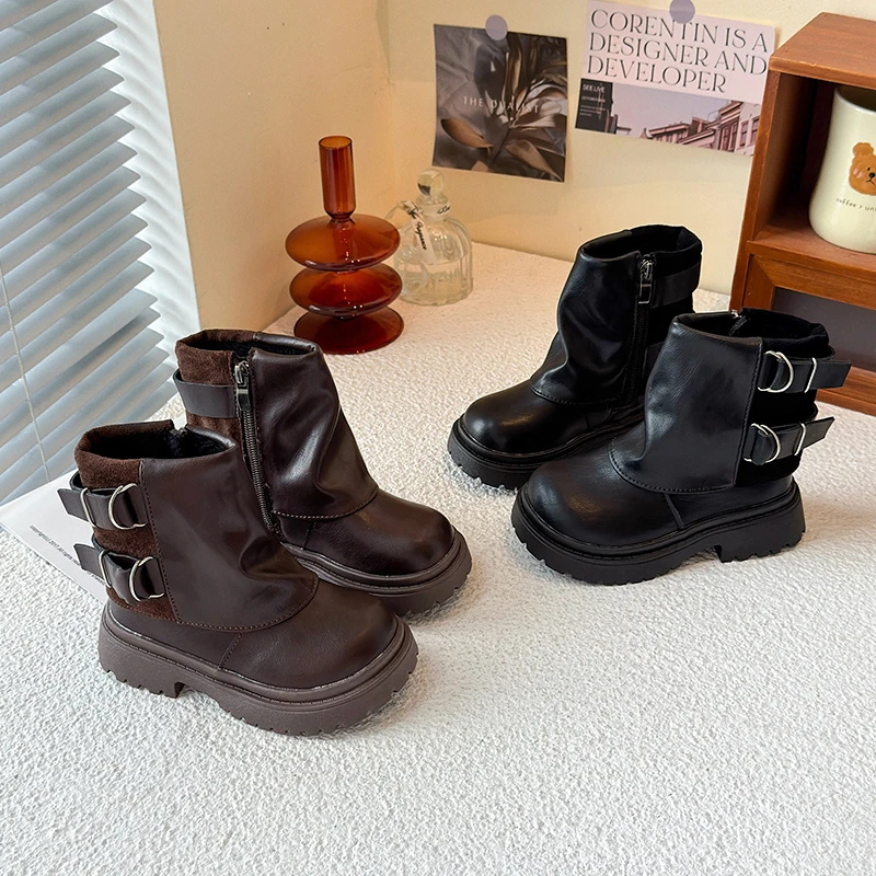 

Winter Kids Platform Boots Classic Black Brown Girls Fashion Ankle Boots Causal Turned-over Edge Children School Leather Boots