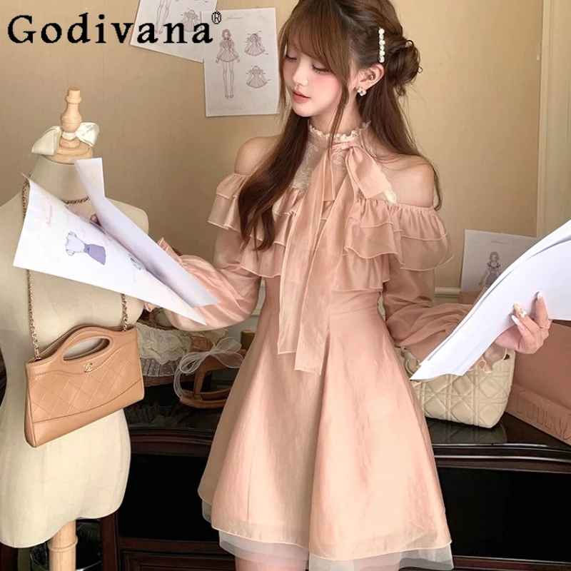 Fora do ombro renda malha retalhos vestido início do outono feminino claro suave multi camada plissado vestido meninas cintura vestido curto