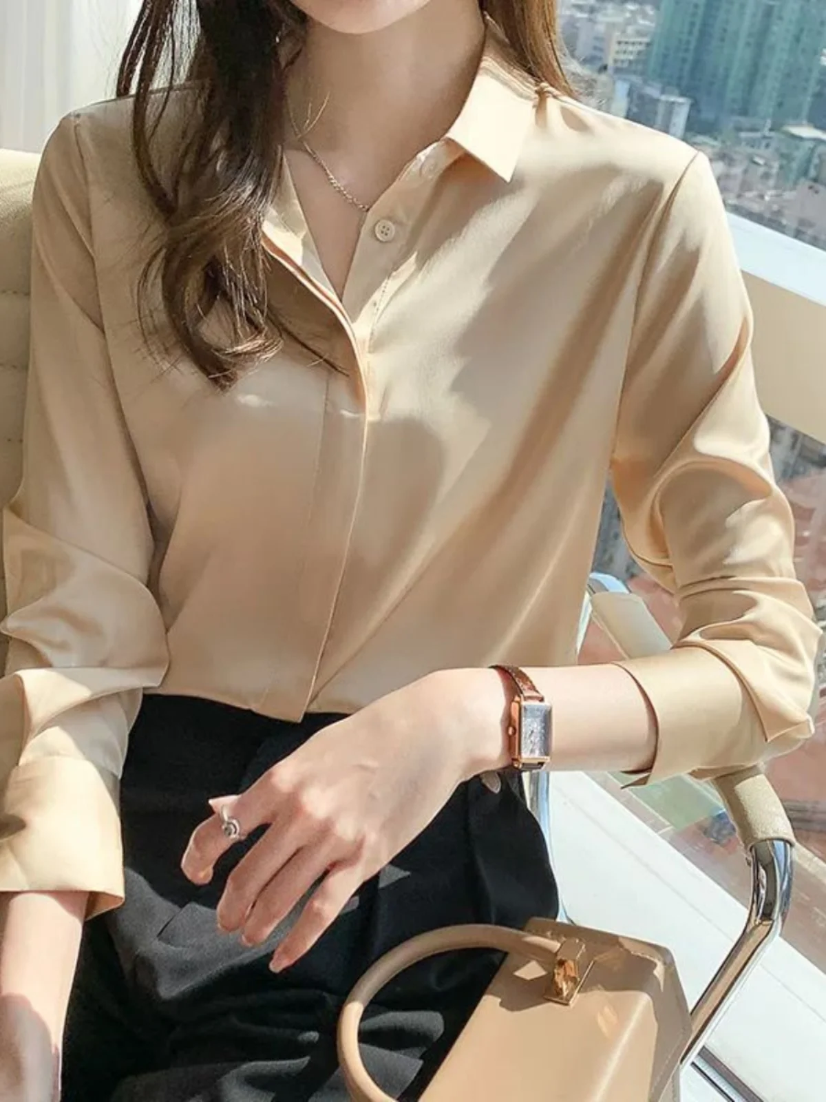 Simple Long Sve Damen irt Pure Color Street Sle Button up Slim Fit Casual Faion Autumn Collection