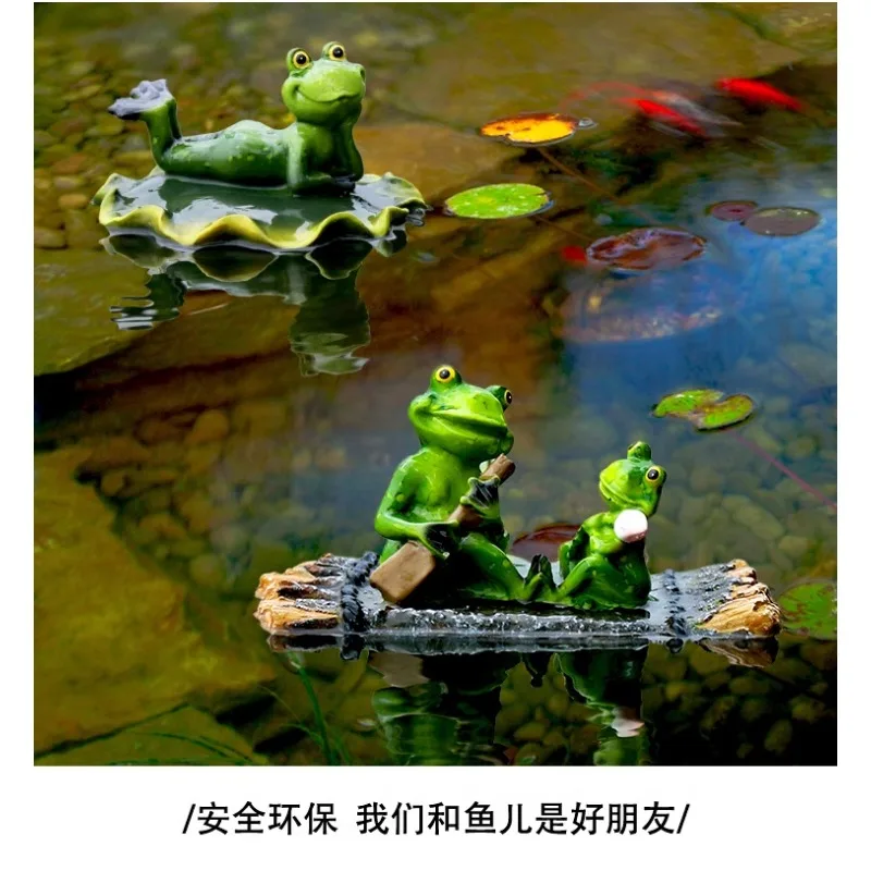 Small Yard Fish Pond Simulation Animal Bamboo Raft Frog Resin Ornaments Garden Decoration Courtyard Pond Floating Fish Tank