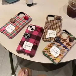Flannel Houndstooth Heart Phone Cases for IPhone 11 12 13 14 15 Pro Max for IPhone Korean Vintage Phone Case Buttons Fashion New