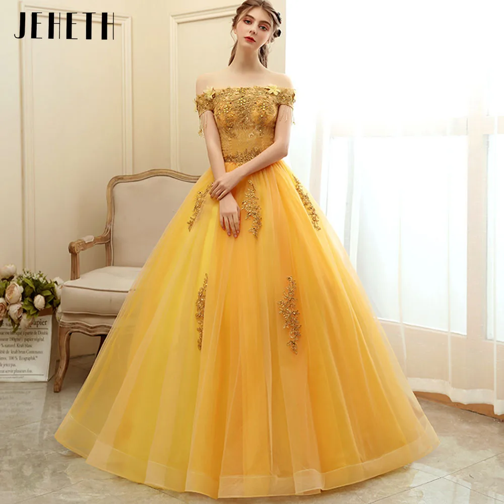 JEHETH Off the Shoulder sukienka na studniówkę koronkowe aplikacje z koralikami suknia wieczorowa dla kobiet niestandardowe zasznurować piętro długość szaty quinceanera